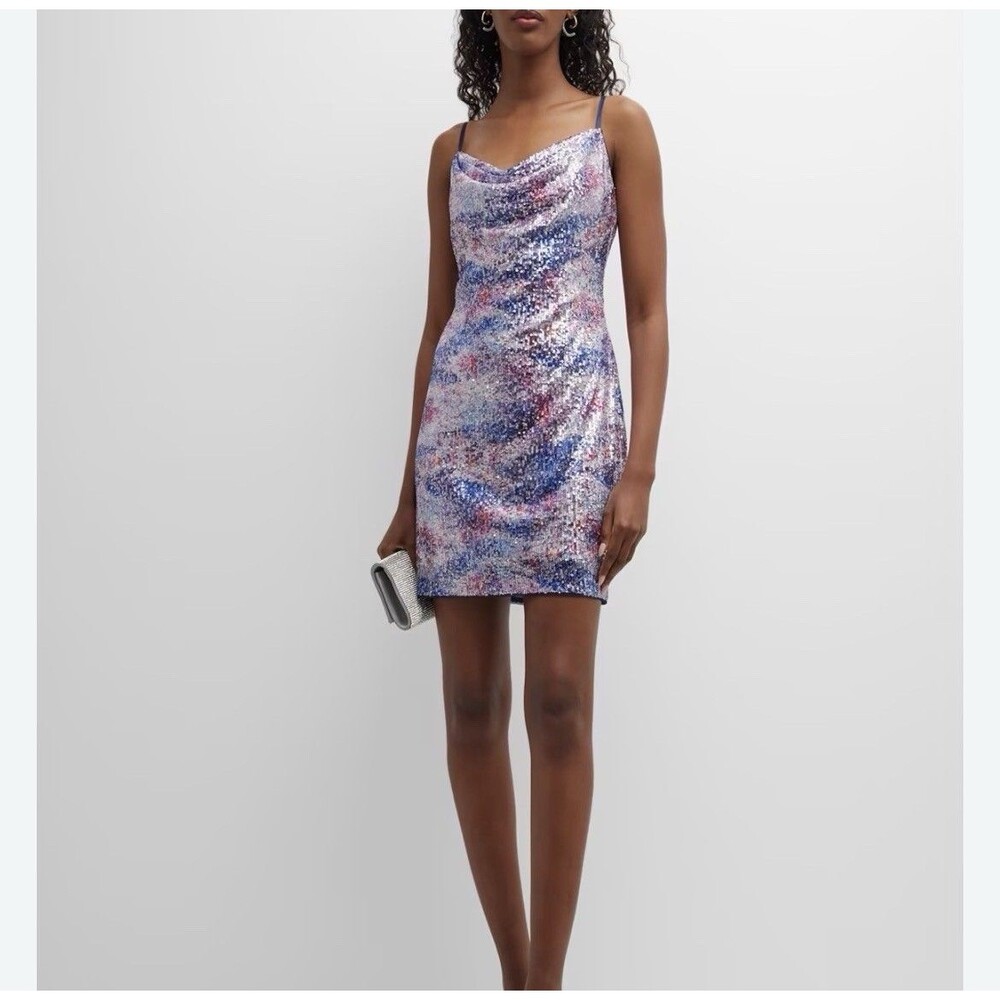 Liv Foster Women’s Cowl-Neck Abstract-Print Blue Pink Sequin Mini Dress